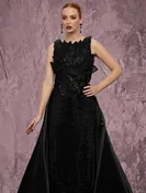 MNM Couture J03186 – Bateau Beaded Petal Applique Long Gown