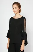 3/4 Sleeve Metallic Knit Blouse Beaded Illusion Bell Sleeves