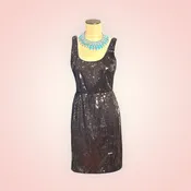 Maggie London Black Sequin Sleeveless Dress - Classic LBD with Movement - Size 8