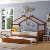 Hausbett aus Holz in Einzelbettgröße mit Ausziehbett