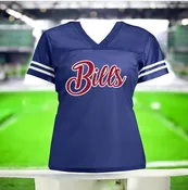 Bills Glitter Football Jersey, Script Lettering in Red & White on Royal Blue Jersey