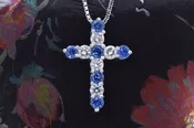 14 Karat White Gold Diamond and Blue Sapphire Cross Pendant