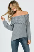 Boho Crochet Collar Off Shoulder Top Grey