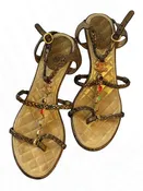 Chanel CC Gem Chain T-Strap Wedge Sandals Gold Quilted Leather Size 35 / US 5