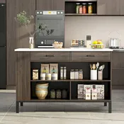 Brown Kitchen Island Cabinet with Drawers and Open Shelves