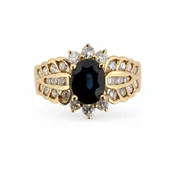 14K Yellow Gold Oval Sapphire and Round Diamond Cocktail Ring