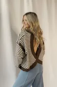 Ellie Stripe Contrast Trim Back Cut-Out Detail Knit Top, Mocha