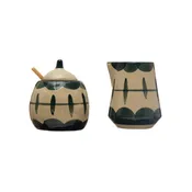 10 oz. Hand-Painted Stoneware Creamer & 10 oz. Sugar Pot w/ Bamboo Spoon, Set of 3