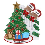 1st Married African American Couple Peeking Around Tree Glittered Ornament