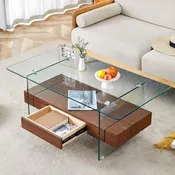 43.3 Inch Double Layer Coffee Table Storage Side Table with Open Storage Shelves, Drawers Glass Center Table End Table