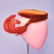 1940s/50s Mr. Arnold Burnt Orange Silk Velvet Feather Tilt Hat, Size XS/S