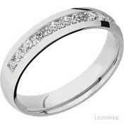 5 mm wide/Domed/Cobalt Chrome band with a Half Eternity arrangement of .07 carat Round Diamond stones in a Channel setting.