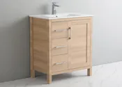 30" Vanity with Legs, Three Left Drawers and One Door, Natural Wood finish