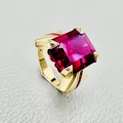 11.46ct Raspberry Rhodolite Garnet Cocktail Ring — Emerald Cut, Mozambique Rubies | 14kt Yellow Gold