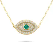 14K 0.15ct Round Colombian Emerald 0.53cttw VS White Diamonds Evil Eye Necklace