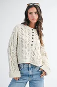 3463hk Textured Cropped Henley Knit Sweater