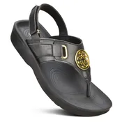 AEROTHOTIC L0363 CAIT BLACK CASUAL SLINGBACK THONG SANDAL WITH SUPPORTIVE FOOTBED