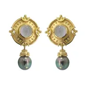 18k Yellow Gold Blue Chalcedony & Tahitian Pearl Drop Earrings