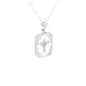 14kt White Gold Floating Cross Necklace w/ Solitaire Round Diamond & Chain