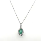 10K White Gold Oval Emerald Pendant With Diamond Halo
