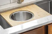 18" Bamboo Cutting Board with 11" Stainless Steel Colander and Mixing Bowl (MIX-11-SET) - Workstation Sink Accessory