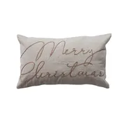 Pillow w Embroidered Merry Christmas Natural & Copper