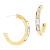 18K Gold Plated Hoop Earrings with Clear Baguette Crystal Accents