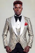 Abstract Print Gold &amp; Champagne Tuxedo – 3 Piece