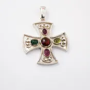 Sterling Silver Cross Pendant with Multi-Gems