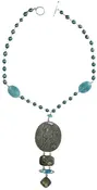 10058 Carved Rainbow Obsidian Horse with Labradorite, Blue Tiberium and Freshwater Pearls Sterling Silver Necklace