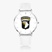 101st Airborne Division-Ultra Thin Leather Strap Quartz Watch (Silver With Indicators)