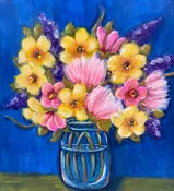 Aunt Debbie Painting #1 (pink&yellow flowers, blue background)