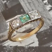 Antique Art Deco Trilogy Emerald and Old European Cut Diamond 14k Gold Ring