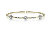 14K White-Yellow Gold Bujukan Bead Cuff Bracelet with Diamond Cluster Stations