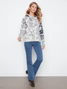 CHARLIE B Grey and Blue Paisley Long Sleeve Lightweight Cotton Hoodie Sweater Top
