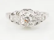 Art Deco .55 Carat Diamond Engagement Ring: 14k White Gold Filigree, Old European Cut