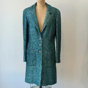 Chanel 23P Metallic Teal Blue Sequin Tweed Mid Length Coat