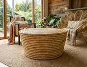 100% Handwoven Natural Rattan Round Indoor Coffee Table, Handcrafted Boho Farmhouse Accent Furniture - Authentic African Craftsmanship