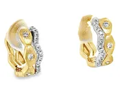 14k two tone yellow and white  gold double row diamond accent huggy earrings