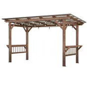 13’ Wooden Grill Gazebo Pergola with Metal Roof & Bar Counters | Outdoor BBQ Shelter with Lights