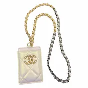 Chanel Quilted Iridescent Calfskin Card Holder On Chain White Luxury Designer