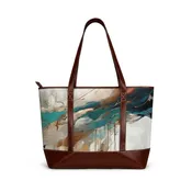 Abstract Teal &amp;amp; Gold Tote Handbag — Artistic Leather-Trim Shoulder Bag