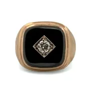 0.30ct Round Brilliant Natural Diamond and Hematite Tablet Men's Ring in 10k Yellow Gold