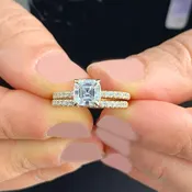 Asscher Cut and Round Cut Side Diamond Engagement Ring And Band IGI Certified 14K Solid Yellow Gold Prong Set Wedding Bridal Set 1.50ctw