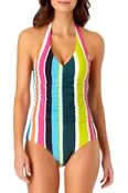 Anne Cole Clear Water Stripe Shirred Front Halter One Piece Swimsuit