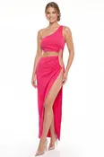 DM25472J - ONE SHOULDER WITH GOLD SIDE BELT LONG DRESS