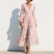 Floral Midi Dress with V-Neck, Cinched Waist, and Puff Sleeves