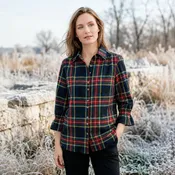 Smocking Sleeve Plaid Shirt in Navy | Women's Relaxed Fit - PL50-1