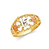 14K Tri-Color Gold Quinceañera Filigree Ring with Rose Gold Flowers – Sweet 15 Ring