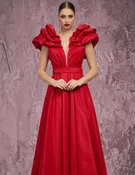 MNM Couture Q4363 – Plunging V-Neck A-Line Gown with Ruffled Shoulders